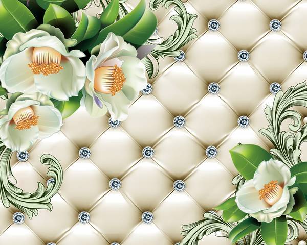 پوستر دیواری سه بعدی گل های سفید با برگ های سبز تازه