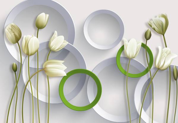 پوستر دیواری سه بعدی گل های سفید و دایره های پس زمینه