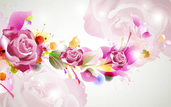پوستر دیواری سه بعدی گل های صورتی و برگ های رنگارنگ