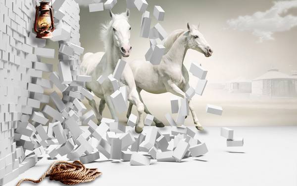 پوستر دیواری سه بعدی اسب های سفید در حال دویدن