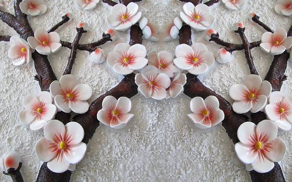 پوستر دیواری سه بعدی گل های سفید گلبهی روی شاخه های قهوی ای