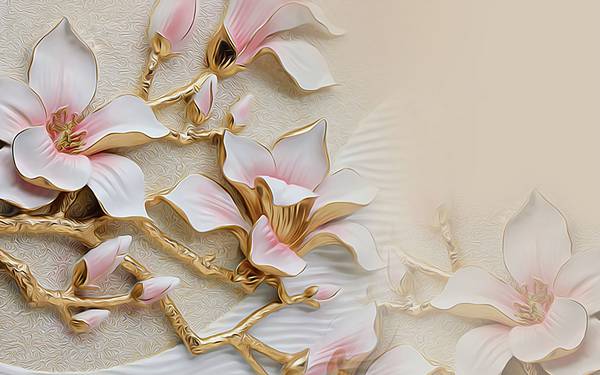 پوستر دیواری سه بعدی گل های سفید صورتی با شاخه های طلا