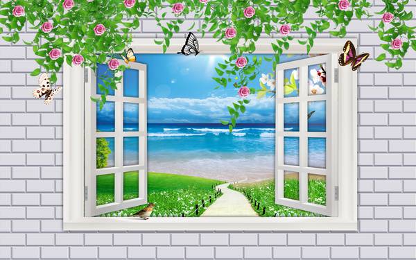 پوستر دیواری سه بعدی پنجره ای با منظره دریا