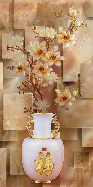 پوستر دیواری سه بعدی گل های طلایی با پس زمینه سنگ های آنتیک