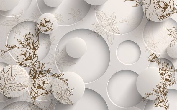 پوستر دیواری سه بعدی گل های قهوه ای با پس زمینه دایره دایره