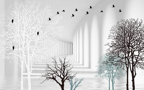 پوستر دیواری سه بعدی نقاشی دیجیتال پرنده ها و درختان