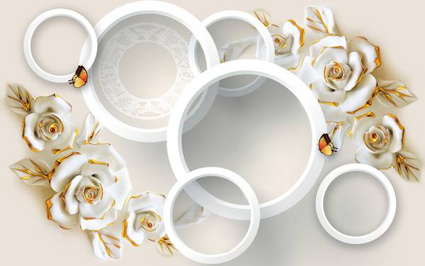 پوستر دیواری سه بعدی گل های طلایی و دایره های سفید