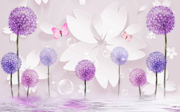 پوستر دیواری سه بعدی گل های بنفش و صورتی در آب
