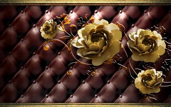 پوستر دیواری سه بعدی گل های طلایی روی چرم قهوه ای