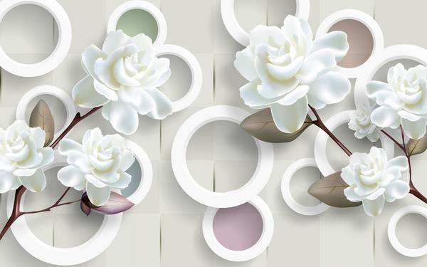 پوستر دیواری سه بعدی گل های هلندی سفید و دایره های پس زمینه