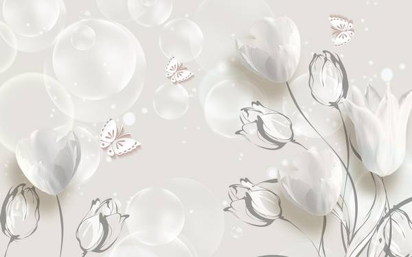 پوستر دیواری سه بعدی گل های سفید با تم خاکستری