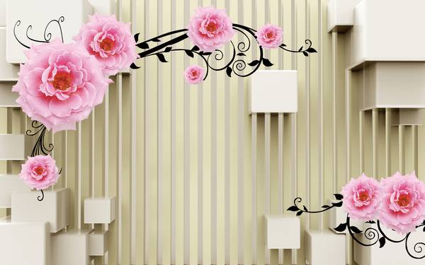پوستر دیواری سه بعدی گل های صورتی با تم راه راه مکعبی