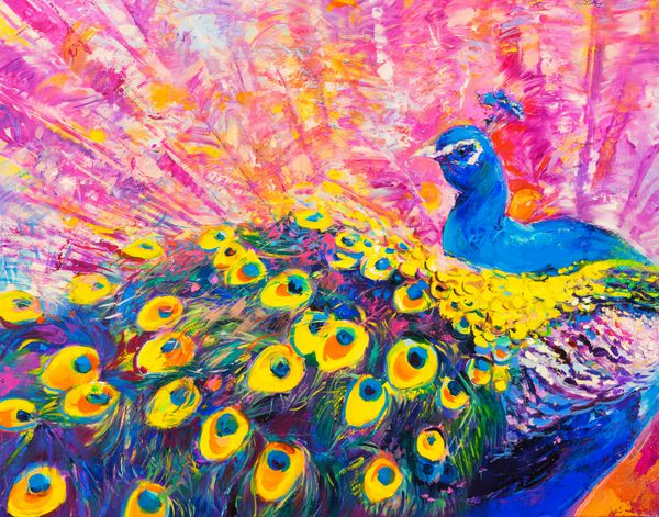 نقاشی روغن اصلی بر روی بوم طاووس رنگارنگ هنر مدرن