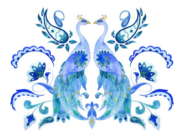 پس زمینه هندی آبرنگ چاپ با طاووس و پازلی تصویر کشیده آریایی دست کشیده شده است