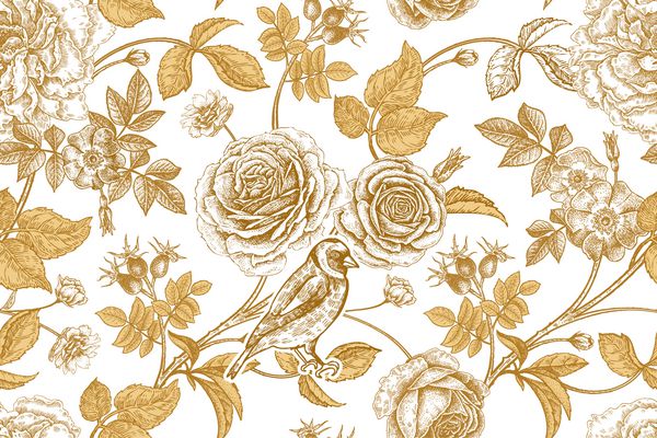 گل رز گل برگ و انواع توت سگ گل رز پرنده در شاخه ها در پس زمینه سفید الگوی بدون درز یکپارچهسازی با سیستمعامل سبک شرقی تصویر برداری الگو برای منسوجات کاغذ کاغذ دیواری