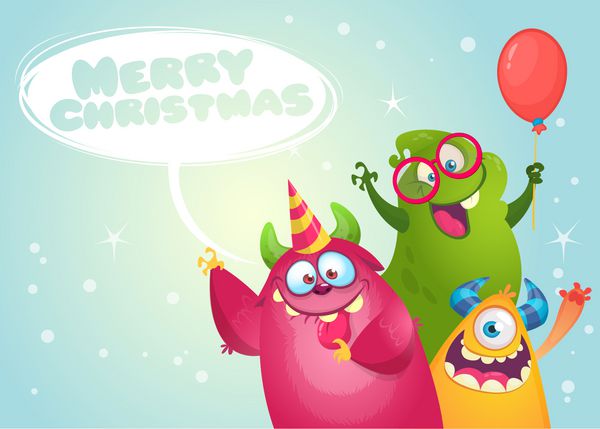 کارت کریسمس کریسمس با هیولا خنده دار زیبا در سبک کارتونی طراحی دکوراسیون پوستر یا چاپ