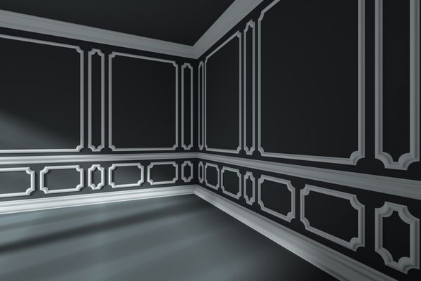 داخلی اتاق خالی اتاق سیاه و سفید با نور خورشید از پنجره با تزئینی کلاسیک سبک فریم قالب بر روی دیوار با سقف تخت کف و پایه 3D