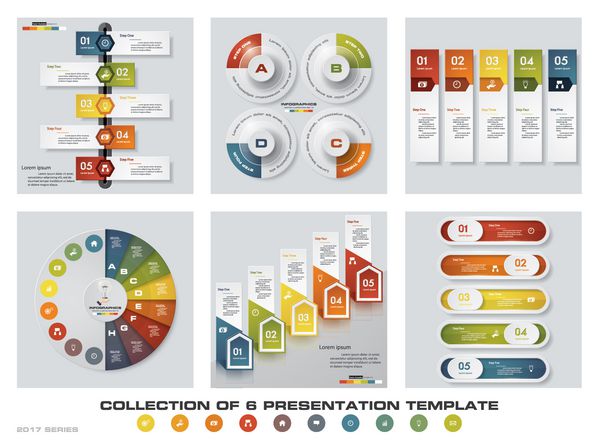 مجموعه ای از 6 طرح رنگی ارائه قالب EPS10 مجموعه ای از infographics طراحی بردار و آیکون کسب و کار