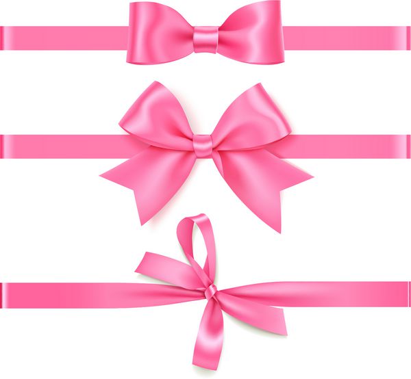Set of decorative pink bow with horizontal pink ribbon for gift decor Realistic vector rose bow and ribbon isolated on white background Mother
