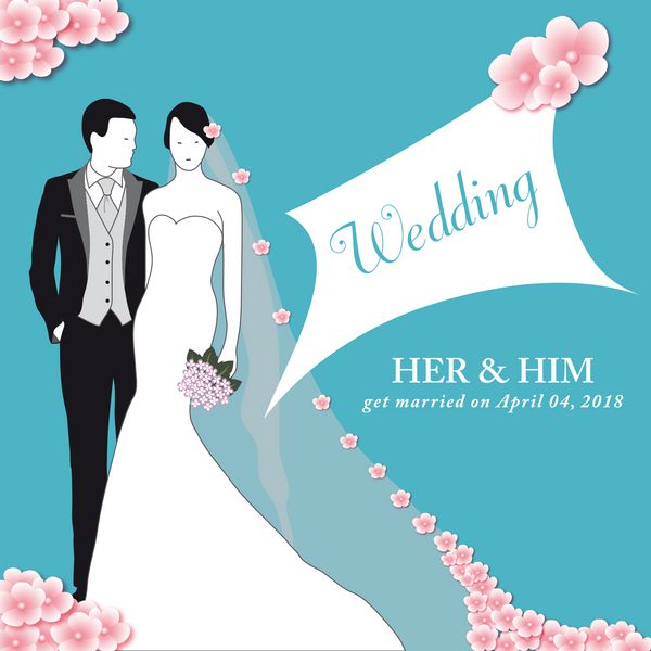 کارت دعوت برای عروسی بهاریک زن و شوهر ازدواج در یک زمینه آبی فیروزه ای با گل های صورتی کوچک در دکوراسیون