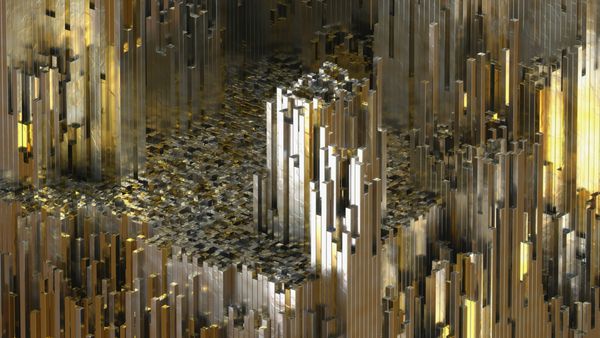3D رندر کوه انتزاعی از مکعب های طلایی جعبه ها به طور تصادفی بر روی تریرا پراکنده می شوند تصویر مولد مدرن بازتاب نقره و طلا آرایه گراف از داده ها