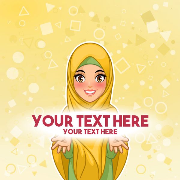 زن مسلمان با حجاب حجاب ارائه متن شخصیت کارتون طراحی شخصیت در برابر پس زمینه زرد تصویر برداری