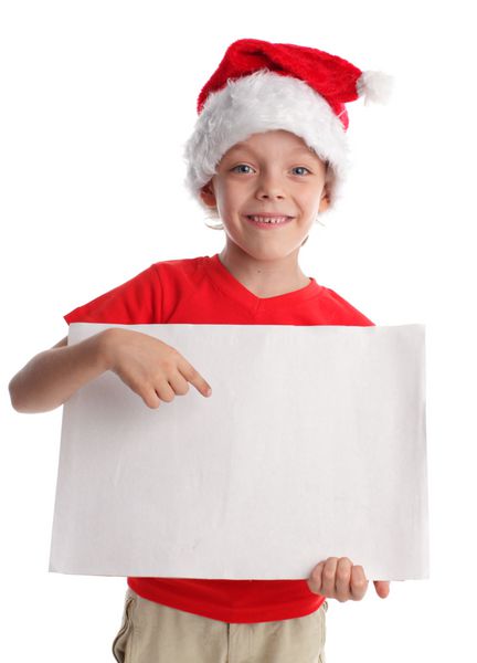 کودک در کلاه کریسمس و فرم در دست جدا شده بر روی سفید است