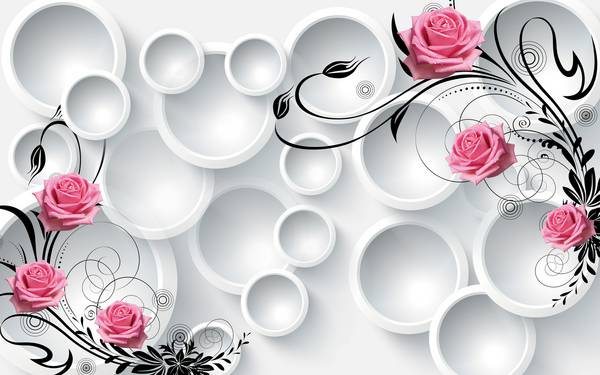 پوستر دیواری سه بعدی دایره های سفید و گل های مشکه صورتی ترکیبی