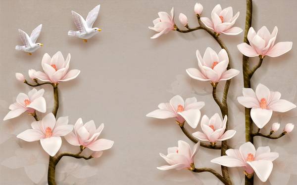 پوستر دیواری سه بعدی گل های صورتی و شاخه قهوه ای