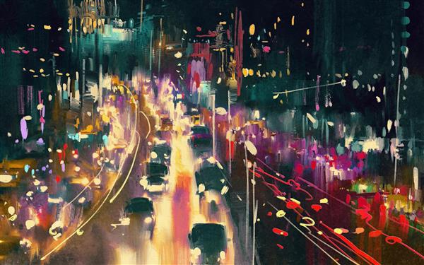 نقاشی دیجیتال مسیرهای نور در خیابان در شب