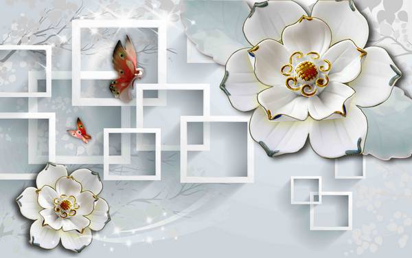 پوستر دیواری سه بعدی گل های سفید زیبا با حاشیه نقره ای
