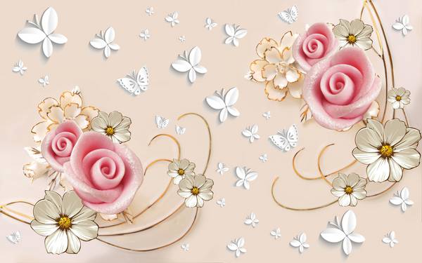پوستر دیواری سه بعدی  گل های صورتی و بژ با پروانه های سفید