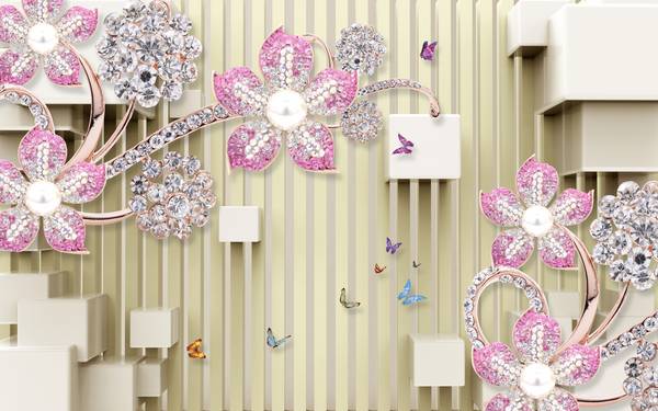 پوستر دیواری سه بعدی گل های صورتی سفید با تم مکعبی و راه راه