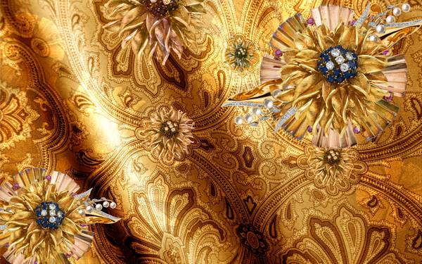 پوستر دیواری سه بعدی گل های هلندی طلایی رو پس زمینه پارچه