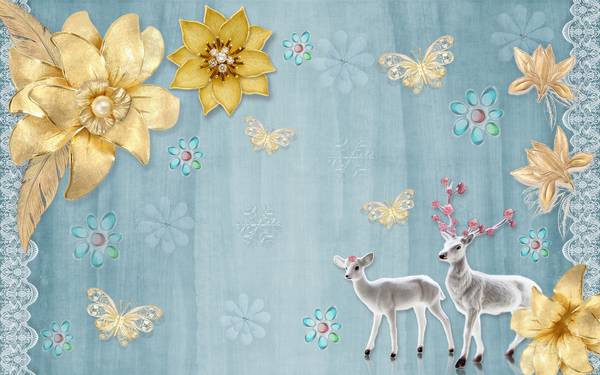 پوستر دیواری سه بعدی گل های هلندی طلایی و گوزن های نقره ای