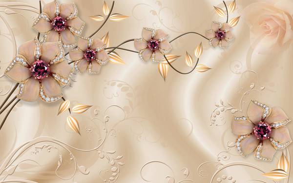 پوستر دیواری سه بعدی گل های بژ و پس زمینه و جواهرات بنفش