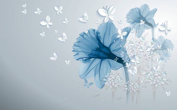 پوستر دیواری سه بعدی گل های آبی بزرگ و پروانه ها