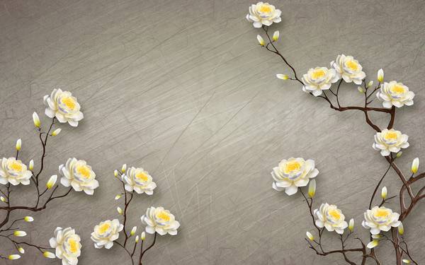 پوستر دیواری سه بعدی گل های سفید و زرد در پس زمینه طوسی