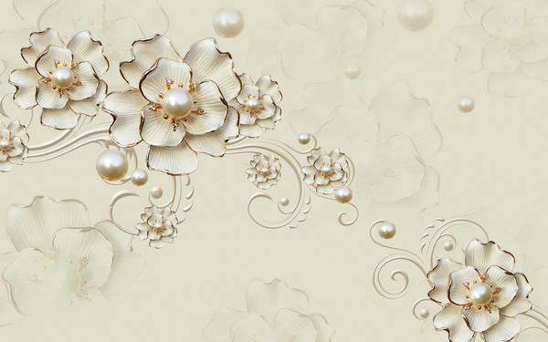 پوستر دیواری سه بعدی گل های سفید با نوار های طلایی