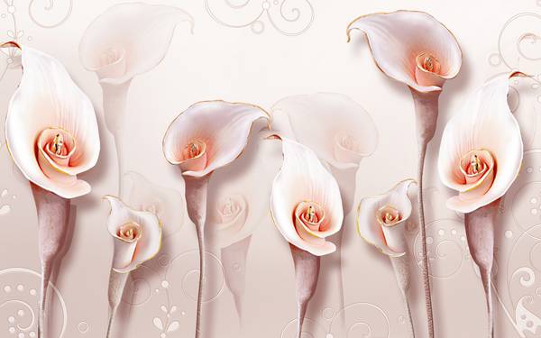 پوستر دیواری سه بعدی گل های شیپوری صورتی سفید