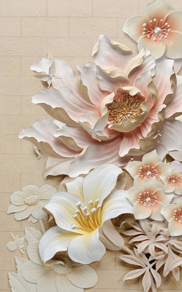 پوستر دیواری سه بعدی مجموعه گل های سفید و صورتی