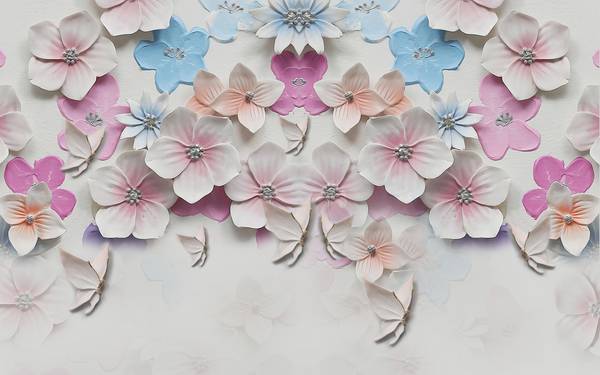 پوستر دیواری سه بعدی گل های صورتی سفید آبی