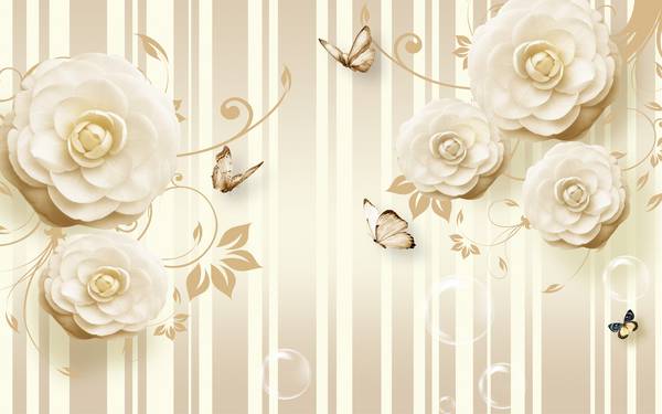 پوستر دیواری سه بعدی گل های سفید با مروارید های طلایی