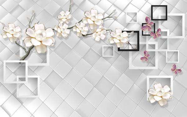 پوستر دیواری سه بعدی گل های سفید با مربع عای سفید مشکی