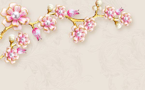 پوستر دیواری سه بعدی شکوفه صورتی در شاخه طلایی