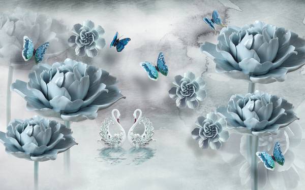 پوستر دیواری سه بعدی گل های هلندی آبی کم رنگ