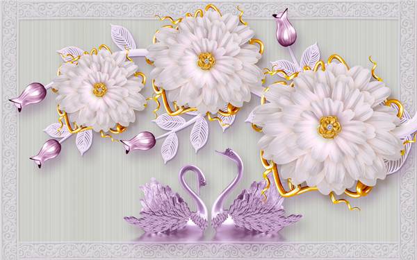 پوستر دیواری سه بعدی گل های بنفش و سفید با قو های بنفش