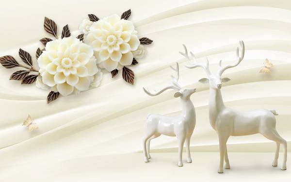 پوستر دیواری سه بعدی گل های حفره ای سفید با برگهای تیره و گوزن های سفید
