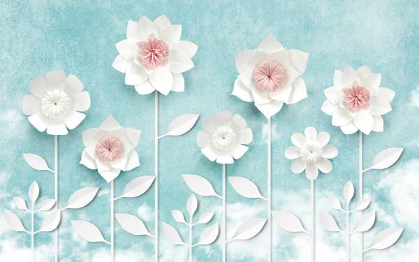 پوستر دیواری سه بعدی گل های سفید با پس زمینه ی آبی فیروزه ای
