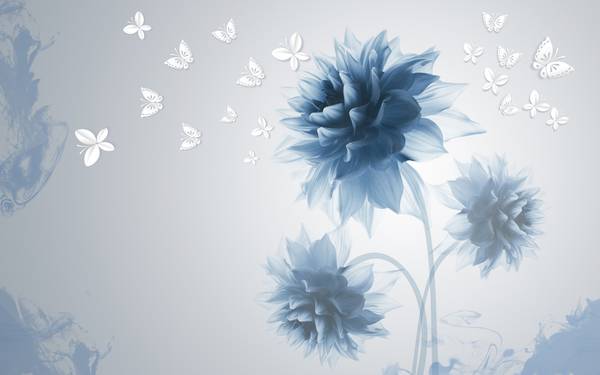 پوستر دیواری سه بعدی گل های آبی با پروانه های نقاشی شده ی سفید